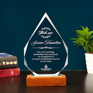 Personalized Employee Glass Awards, Custom Retirement Crystal Trophy, Thank You Gift for Coworker, Staff, Manager