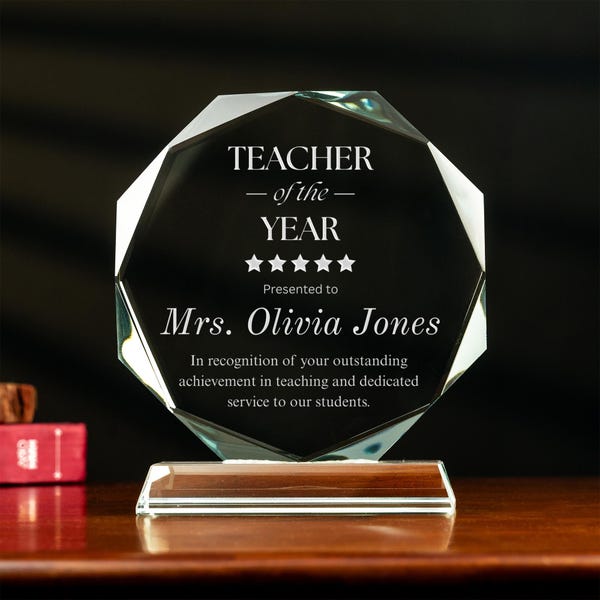 Personalized Teacher of the Year Awards, Custom Crystal Trophy, 6" Engraved Plaques with Gift Box