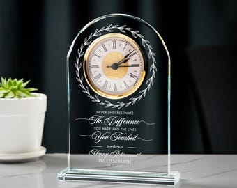 Personalized Retirement Glass Clock - Custom Employee Crystal Desk Clock - Leaving Gifts for Staff, Manager, Leader