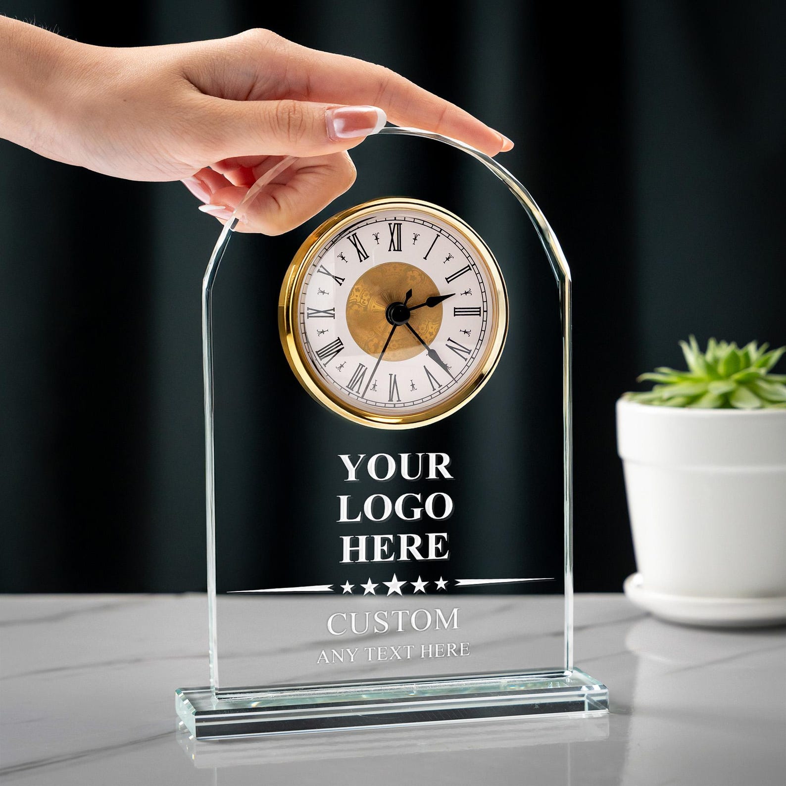 Custom Glass Clock With Text & Logo - Crystal Table Clock - Free Design ...