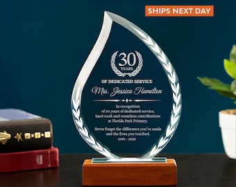 Custom 30 Years Of Service Flame Award, Custom Employee Achievement Glass Trophy, 6" Appreciation Plaques with Gift Box, Laser Engraved