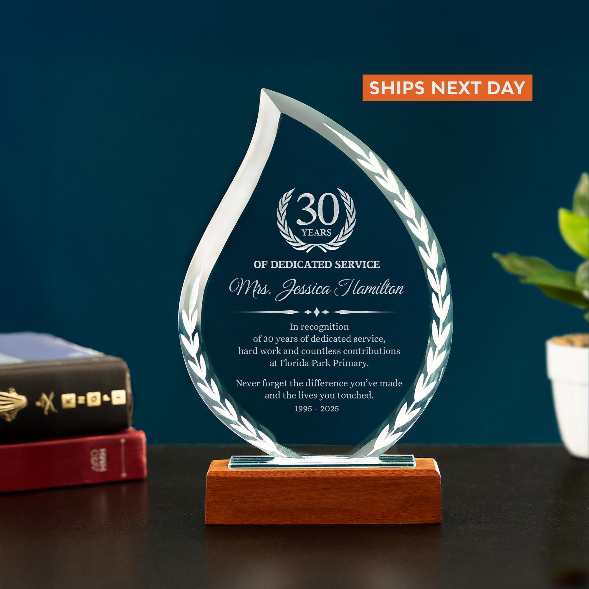 Custom 30 Years Of Service Flame Award, Custom Employee Achievement Glass Trophy, 6" Appreciation Plaques with Gift Box, Laser Engraved
