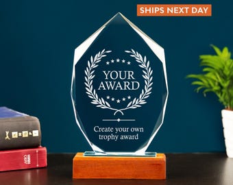 Custom Crystal Awards with Text & Logo, Free Design Assistant, Engraved Glass Trophy, Gift for Employee, Coworker, Made in the USA