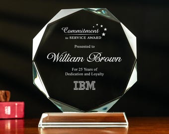 Custom Dedicated Employee Glass Award, Personalized Staff Loyalty Recognition Crystal Trophy, Engraved Plaque with Gift Box