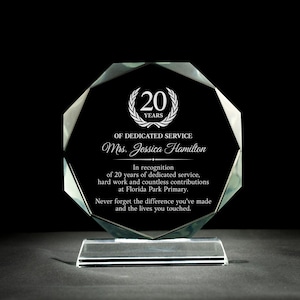 Personalized 20 Years of Service Award, Custom Employee Appreciation Gift, 6" Engraved Crystal Trophy with Gift Box