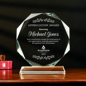Personalized Employee Crystal Award, Engraved Appreciation Glass Trophy, 6&quot; Esteem Plaques with Gift Box