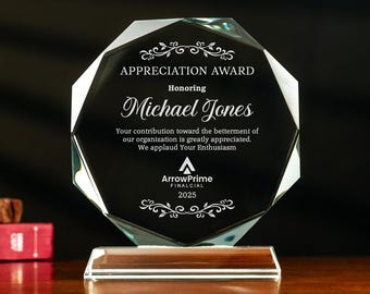 Personalized Employee Crystal Award, Engraved Appreciation Glass Trophy, 6" Esteem Plaques with Gift Box