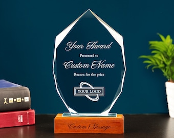 Custom Crystal Awards with Text & Logo, Free Design Assistant, Engraved Glass Trophy, Gift for Employee, Coworker, Made in the USA