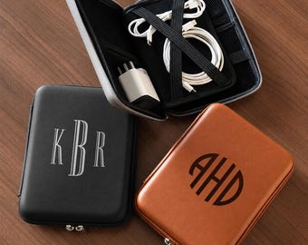 Personalized Monogram Tech Organizer, Custom Leather Cable Case Gift, Electronics Travel Pouch, Engraved Office Cord Case