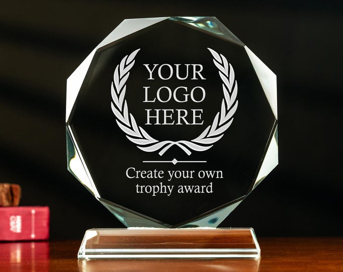 Custom Crystal Awards with Text & Logo, Free Design Assistant, 6" Engraved Glass Trophy, Gift for Employee, Coworker, Made in the USA