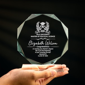 Personalized Master Degree Crystal Award, Custom Graduation Award Plaque Gift for Daughter, New Graduate Glass Trophy, Congratulations Gift