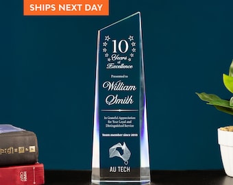 Custom Long Service Employee Crystal Award - Personalized Excellent Staff Trophy, Tower Glass Plaque Gift
