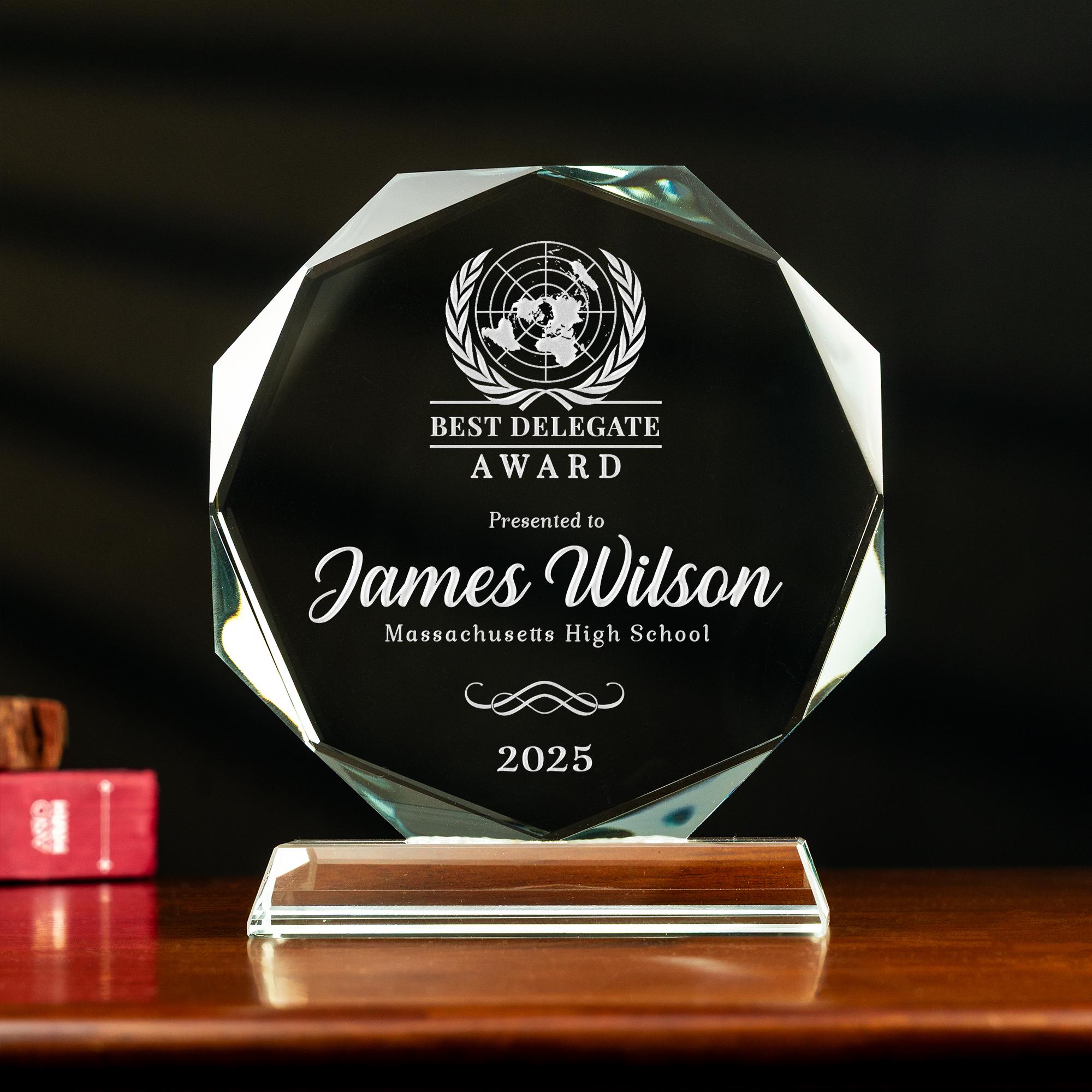 Personalized Model United Nations Award, Custom MUN Best Delegate Glass Trophy, Academic Student Recognition Gift