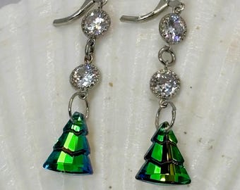 Clear Austrian Crystal Holiday Tree Earring "Carol" | Green Crystal Dangle | Christmas Jewelry Gift for Her | Festive Tree Earring