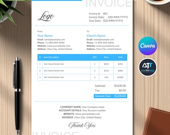 Invoice Template Editable, Canva Small Business Custom Order Form Printable, Invoice Form, Modern Invoice, Instant Download