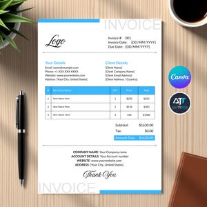 Editable Invoice Template for Small Business, Modern Printable Invoice Form, Client Billing Template, Canva Invoice, Instant Download