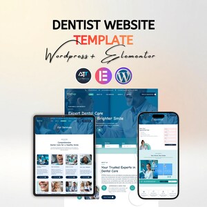 Peut inclure: Maquette numérique d'un modèle de site web de dentiste, affichant un design réactif sur une tablette et un smartphone. Le design présente un schéma de couleurs bleu et blanc, avec le texte "DENTIST WEBSITE TEMPLATE" en haut.