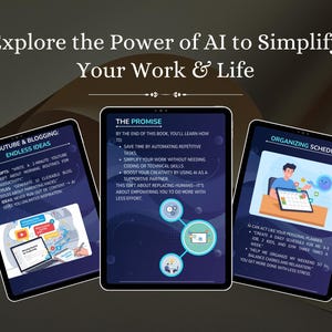 May include: Three digital tablets display information about using AI to simplify work and life. The tablets show topics like YouTube & Blogging, The Promise, and Organizing Schedules. The text on the tablets is in white.