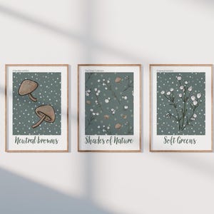 set of 3 Cottagecore dark green wall art printable, farmhouse decor sage forest poster, floral pattern art print, neutral home decor