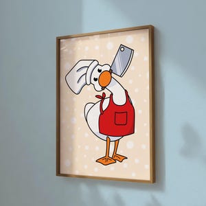 duck with knife, kitchen wall art, cute art wall prints, duck decor, funny art posters, duck lover gifts, kitchen cooking art, duck drawing