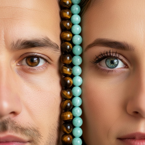Custom Eye Color Gemstone Matching Couple Bracelet Set • Personalized Initial Jewelry