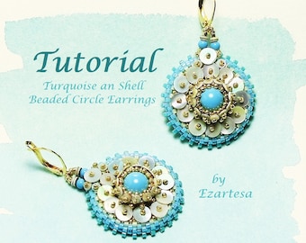 Beaded Circle Earrings Tutorial: Turquoise Swarovski Pearls & Shell Seed Bead Pattern (PDF)