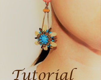 Statement Flower Earrings Tutorial, Dangle Earring Pattern with Turquoise Swarovski Crystal Pearls, Vintage German Glass Beads, Seed Beads.