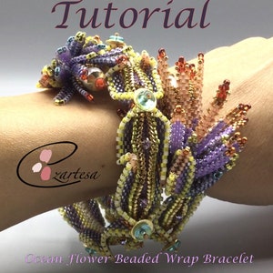 May include: A tutorial for making a beaded wrap bracelet with a design of ocean flowers. The bracelet is made with purple, yellow, gold, and white beads. The bracelet is on a person's wrist.
