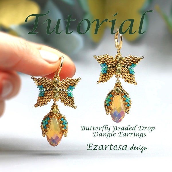 Tutoriel de boucles d'oreilles pendantes en forme de larme et perles papillon, motif perles de rocaille par Ezartesa