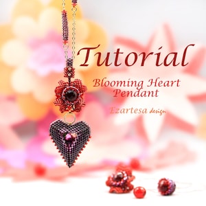 May include: A beaded heart pendant with a flower charm, in shades of red and purple, with the text "Tutorial Blooming Heart Pendant Ezartosa design".