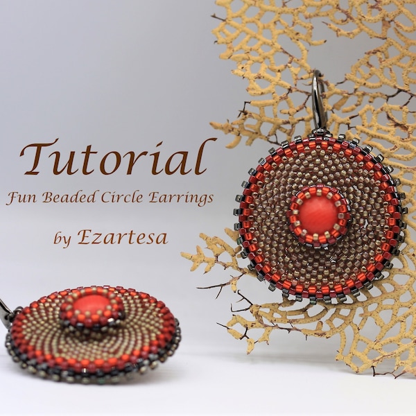 Fun Beaded Circle Earrings Tutorial with Red Coral Cabachons and Glass Seed Beads by Ezartesa