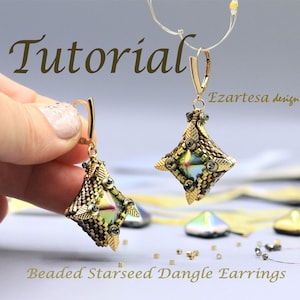 May include: A tutorial for making beaded starseed dangle earrings. The earrings are gold and green with a star-shaped design. The image includes the text "Tutorial" and "Ezarteasa design".