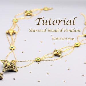 May include: A gold beaded necklace with a star-shaped pendant. The necklace has a multi-strand design and features green and purple beads. The pendant is also beaded and has a star shape. The text "Tutorial Starseed Beaded Pendant Ezarteasa design" is visible in the image.