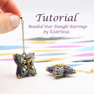 Beaded Bead Dangle Earrings Tutorial, Beaded Star Earrings Pattern with Glass Seed Beads and Swarovski Crystals by Ezartesa.