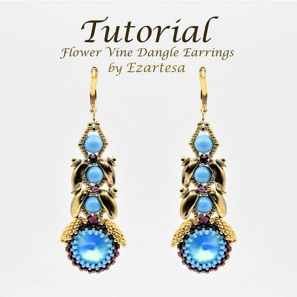 Turquoise Flower Vine Dangle Earrings Tutorial with Gold Seed Beads and Swarovski Crystal Turquoise Pearls, Rivolis. Designed by Ezartesa