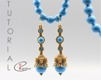 Beading Tutorial, Turquoise and Gold Pearl Beaded Bead Dangle Earrings by Ezartesa