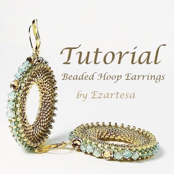 Tutoriel de boucles d'oreilles créoles perlées, motif de boucles d'oreilles en perles de rocaille or et vert d'eau avec cristal Swarovski Montees et fils d'oreille plaqués or.