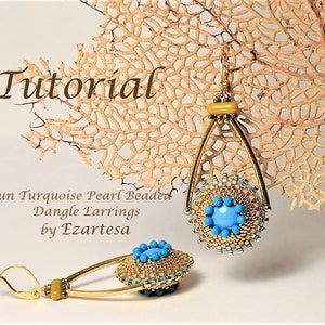 May include: A pair of turquoise pearl beaded dangle earrings with gold wire and a gold hook. The earrings are on a light brown background with the text "Tutorial Fun Turquoise Pearl Beaded Dangle Earrings by Ezartesa".