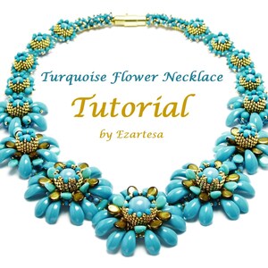 Puede incluir: Tutorial de collar de flores turquesa por Ezartesa. Un collar de cuentas con cuentas turquesa y doradas, formando formas de flores.
