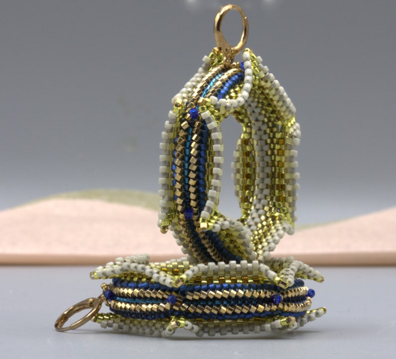 Handmade Ouroboros Seed Bead Hoop Earrings Blue, Yellow, and White with Gold Accents, Ezartesa Design. zdjęcie 5