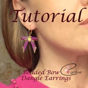 May include: Tutorial for making beaded bow dangle earrings. The earrings are pink and gold and are shown on a model's ear.