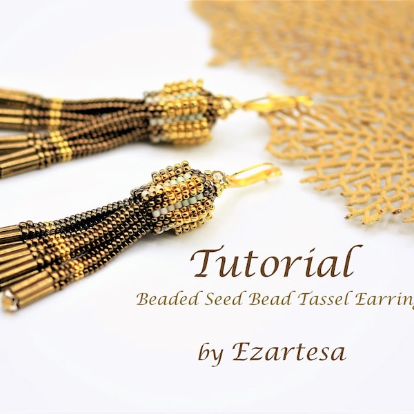 Beaded Tassel Earrings Tutorial, Beaded Seed Bead Tassel Earring Pattern, Gold and Dark Gold Bead Earrings with Swarovski Rose Montees .