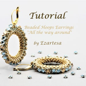 Beaded Small Hoops Earrings Tutorial, Pattern with Glass Seed Beads, Swarovski Crystal Rose Montees and Gold Mettal Beads by Ezartesa