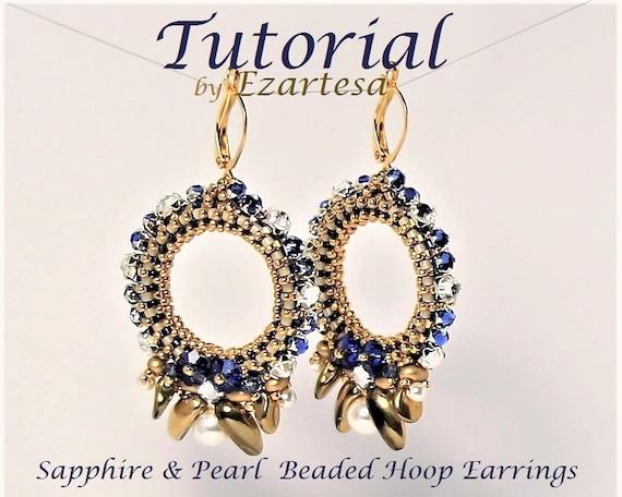 Beaded Hoop Earrings Pattern: Sapphire Crystal & Pearl Beading Tutorial (PDF Pattern)