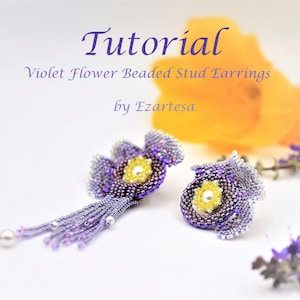 Beaded Stud Earrings Tutorial, Violet Flower Seed Bead Earrings Pattern by Ezartesa