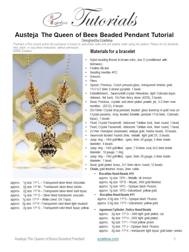 Austėja the Queen of Bees Beaded Pendant Tutorial, Seed Bead Pattern by Ezartesa image 2