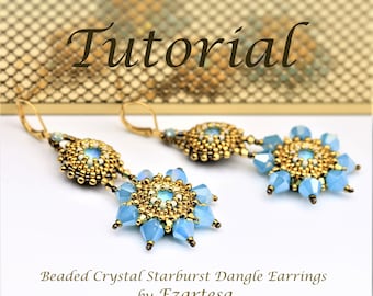 Beaded Earrings Tutorial, Swarovski Rivoli Beaded Starburst Dangle Earrings with Gold Seed Beads and Blue Crystal Bicones .