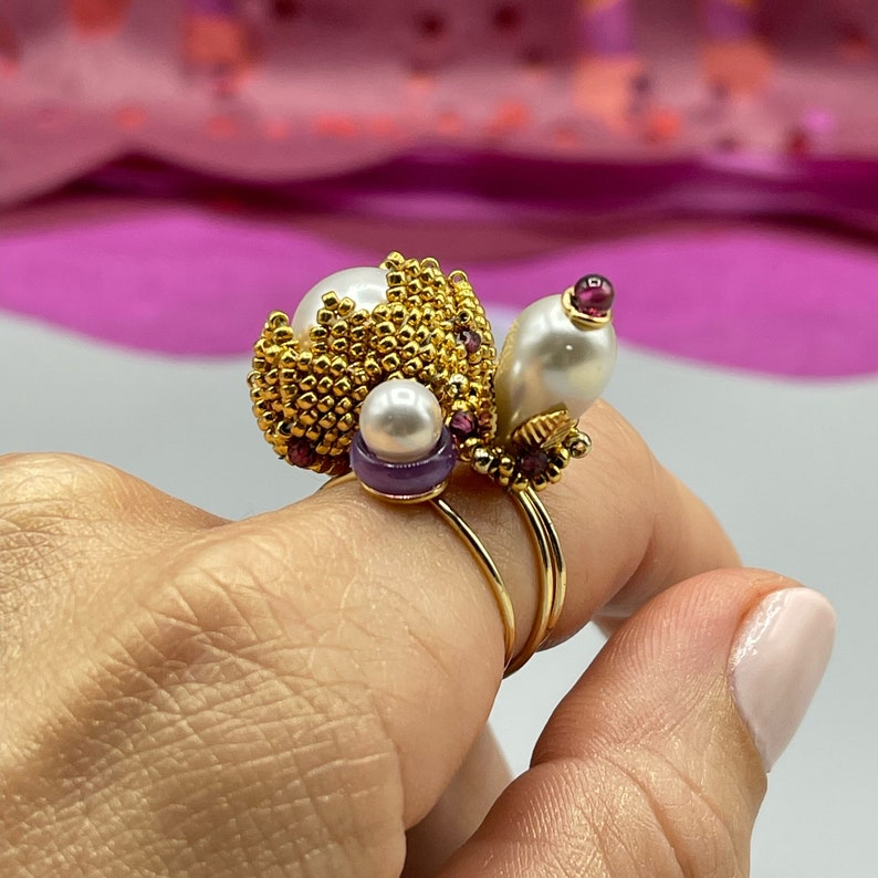 Beaded Flower Ring Pattern. Black Onyx and Pearl Drop Beaded Etsy