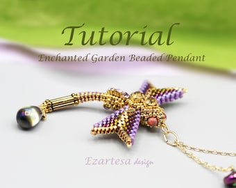 May include: A beaded dragonfly pendant with a gold chain and a dark gray pearl. The dragonfly has purple, gold, and red beads. The pendant is labeled "Ezartosa design".