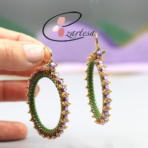 Beaded Lavender and Green Zircon Hoop Earrings, Ezartesa Design